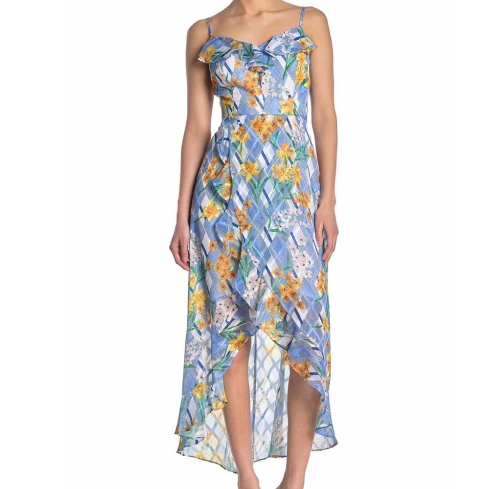KENSIE Women's Blue/Yellow Floral Print Sleeveless Hi-Low Ruffle Hem Dress
